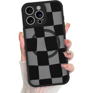 KANGHAR for iPhone 15 Pro Case Checkered Matte Aesthetic Cute Pattern Magnetic [Compatible with Magsafe] Slim Shockproof Full Body Protection for Girls Women