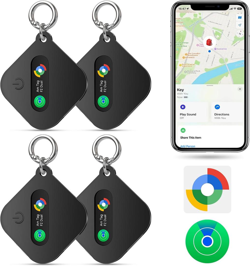 Dual System Bluetooth Tracker for iOS or Android-4 Packs, Compatible with Apple Find My (iOS) & Google's Find Hub(Android) for Smart Tracking Tag/Key Finder/Luggage Tracker (Black-4p)
