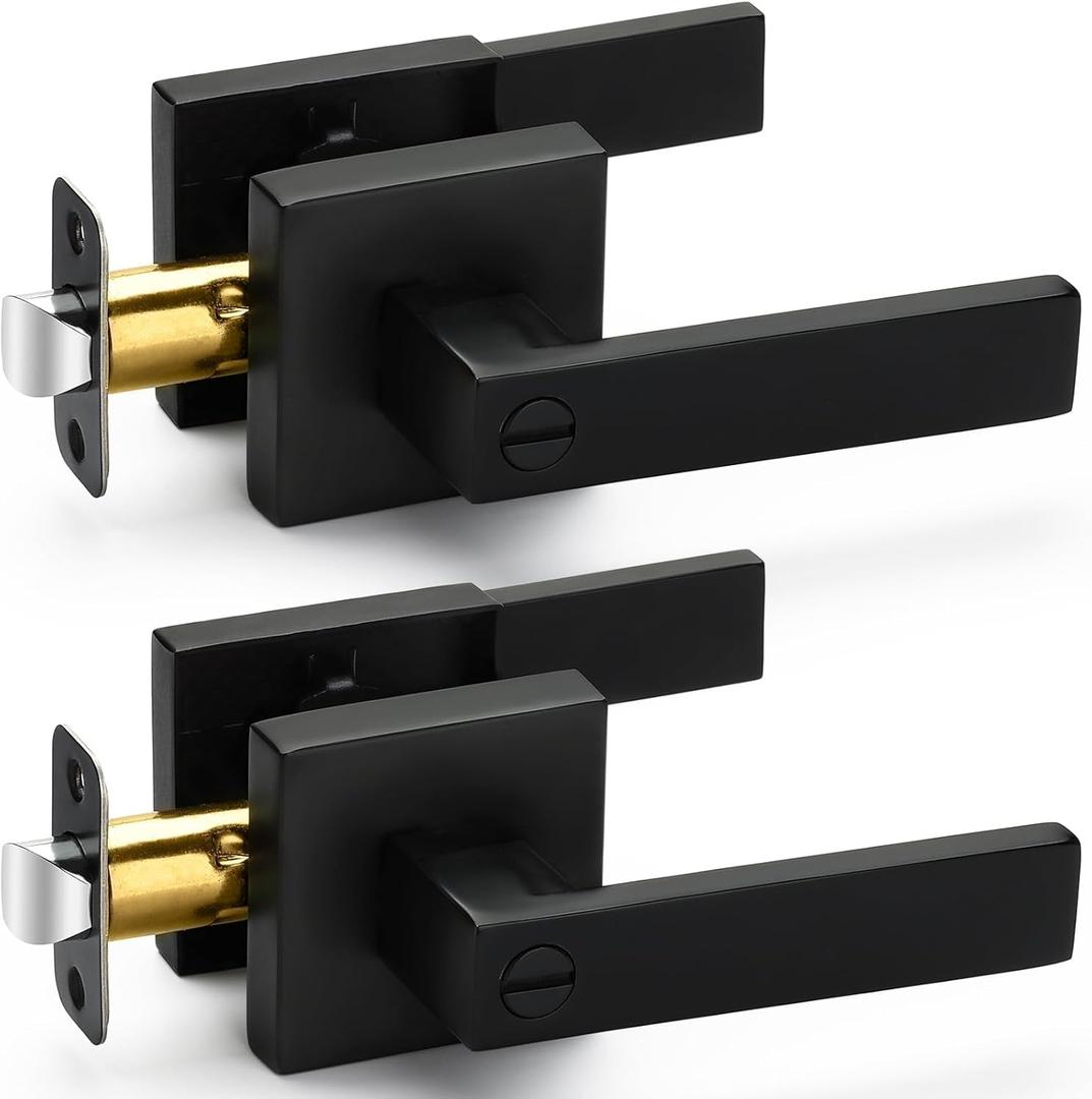 2 Pack Matte Black Door Handles Privacy Door Levers, Heavy Duty Bed and Bath Door Locks Interior Door Knobs, Reversible Keyless Flat Levers with Square Rosette