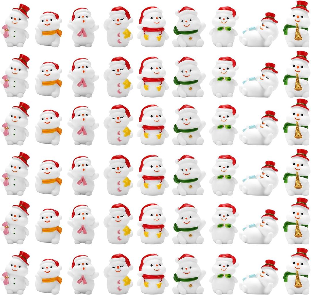 Jansun 45Pcs Christmas Mini Resin Snowman 9 Styles Mini Figuriness with Hat Xmas Miniature Snowman for Festival DIY Village Garden Decoration