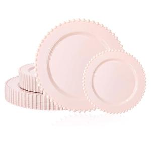 U-QE 60PCS Pink Plastic Plates - Heavy Duty Beaded Pink Valentines Plates for Valentine's Day, Party, Wedding - Serving 30 Guests Include 30PCS 10inch Dinner Plate & 30PCS 7inch Dessert Plate