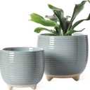 LE TAUCI Ceramic Plant Pots, 5.1 + 6.4 Inch Footed Pots for Plants, Modern Flower Pots for Home and Office, Indoor Planters with Drainage, Reactive Glaze Gray