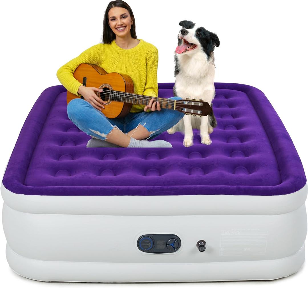 Queen Air Mattress with Built in Pump, Inflatable Mattress for Home, Blow up Air Bed 3 Min Quick Inflation and Deflation, Thin Velvet Top, 18'' Queen Size Purple