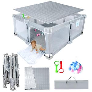 Foldable Baby Playpen 50"x50"Playpen for Babies and Toddlers with MatFoldable playpen with DoorIndoor and Outdoor Baby Fence Play Area (Light Gray, Foldable 50"x50" with Mat)