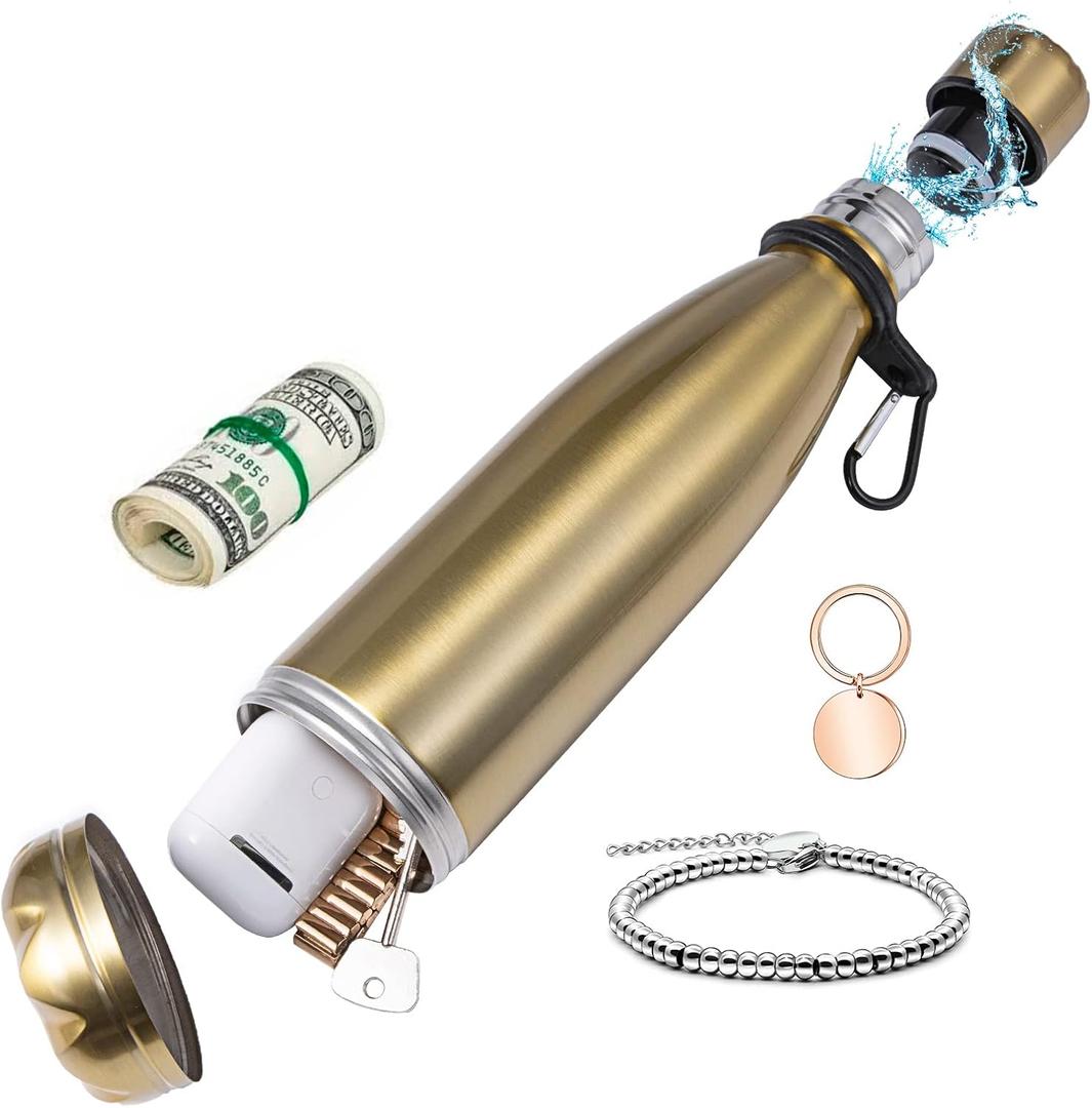 Golden Water Bottle All Stainless Steel Diversion Safes Made with Hidden Compartment for Cards, Keys, Cash and Valuables Free Hook and Smell Proof Bag