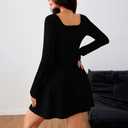 BNGD Women's Short Dress Long-Sleeve Square Neckline Waist-Defining Mini A-Line Dress Perfect for Cocktail Parties(Black,Medium)