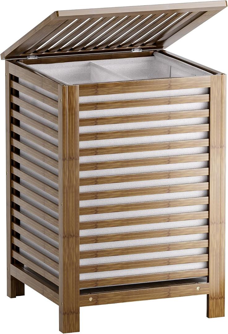 SMIBUY Double Laundry Hamper with Lid, 120L Bamboo Laundry Basket with Removable Liner Bag, 2-Section Clothes Divider Laundry Sorter for Laundry Room, Bathroom, Bedroom (Walnut), Large