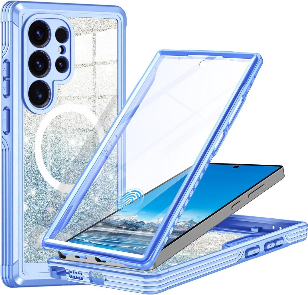 Hekodonk for Samsung Galaxy S25 Ultra Case Glitter,Compatible with MagSafe[Built-in Tempered Glass Screen Protector & Camera Lens Protection] Full Body Shockproof Protective Bling Phone Case,Blue