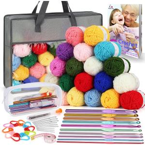 Aeelike Yarn Kit, 1093 Yards Crochet Yarn for Crocheting Complete Knitting Kit for Beginners Professionals with Aluminum Crochet Hooks Detailed Instruction, Ideal Crochet Yarn Set/Gift (Grey)
