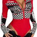 SOLY HUX Women's Racer Bodysuit Costumes Graphic Half Zip Long Sleeve Leotard Motorcycle Shirt Red Multi Large