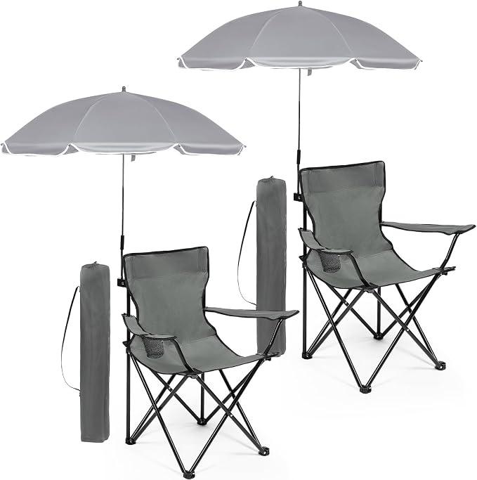 Anglechic 2 Pack Beach Umbrella Chairs Folding Camping Portable Beach Chairs with Canopy Shade Adults with Cup Holder and Carrying Bag for Camping Hiking Travel Picnic Outdoor Events (Grey)