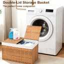 Storage Basket with Lid Foldable Rattan Woven Basket with 2 Separate Lids, 17.2 Gallon (65L), 22 13 13.8 Inches, with 1 Removable Liners & Side Handles, for Bedroom, Laundry, Natural