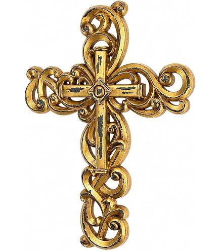 Comfy Hour 12" Gold Cross for Wall Decor, Rustic Antique Style Religious Plaque, Artisan Finished Vintage Victorian Wall Art for Home Sanctuary, Resin Sculpture
