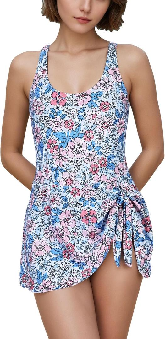 One Piece Swimsuit Women with Skirt and Bottoms, Womens Bathing Suits Tummy Control with Side Tie Knot & Removable Soft Pads (Medium, Floral Printed)