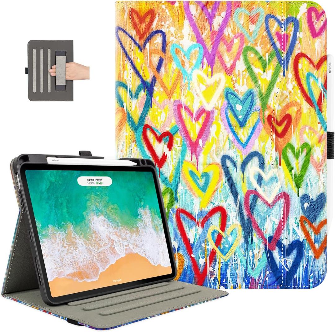 Case for iPad Air 11-Inch (M4/M3/M2), Case for iPad Air 5th Gen/iPad air 4th Gen 10.9 Inch, for iPad Pro 11 Inch case 4th/3rd/2nd/1st Pencil Holder/Pocket/Hand Strap/Auto Wake Sleep Love Heart