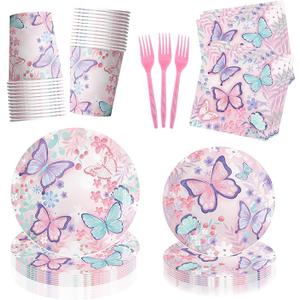 120pcs Butterfly Birthday Party Supplies, Butterfly Party Decorations, Includes Plates, Napkins, Cups, Forks Tableware, Serves 24