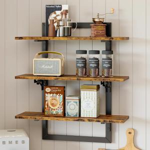 Bestier Floating Shelves for Wall, 24 inch Kitchen Shelves Wall Mounted, 3 Tier Coffee Bar Shelf with Foldable Brackets, Industrial Display Shelf for Bathroom, Living Room, Rustic Brown
