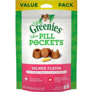 Greenies Feline Pill Pockets for Cats Natural Soft Cat Treats, Salmon Flavor, 3 oz. Pouch (85 Treats) (EXP 09/29/26)
