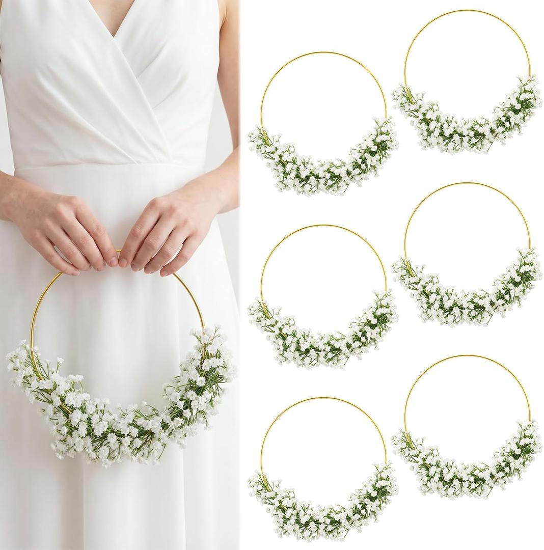 6 Pcs Wedding Floral Hoop Wreath Bridesmaid Bouquet Artificial Babys Breath Flower Wreath for Bridesmaids Wedding Party Decoration(White)