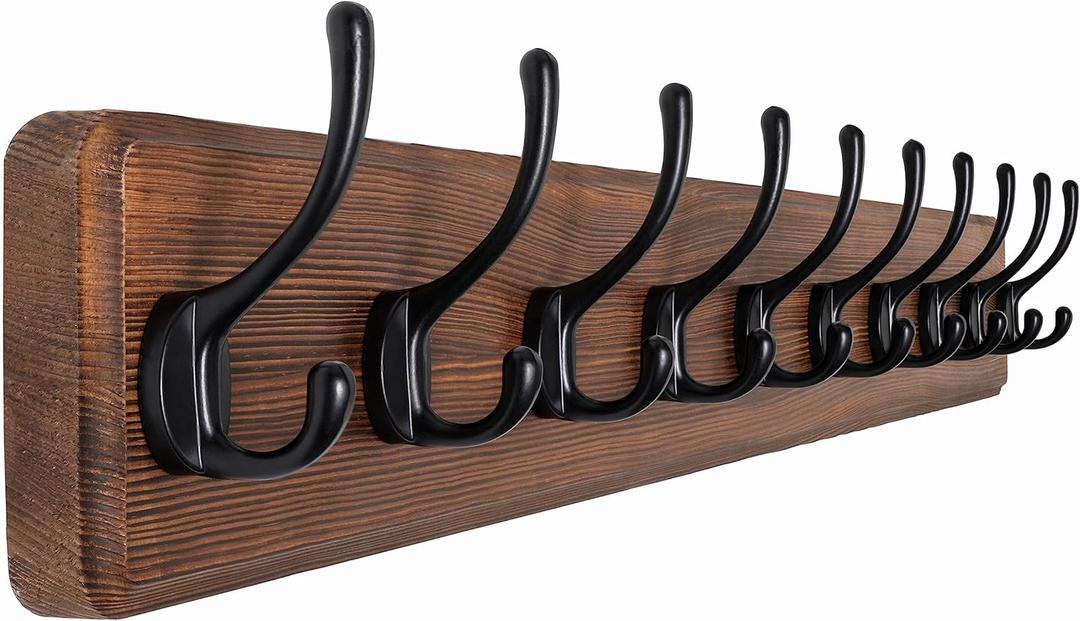 SKOLOO Farmhouse Style Wall Mounted Coat Rack, 38.6'' Pine Solid Wood Coat Hook Hanger - 10 Hooks for Hanging Clothes Robes Towels Coats (Brown Plate & Black Hook)