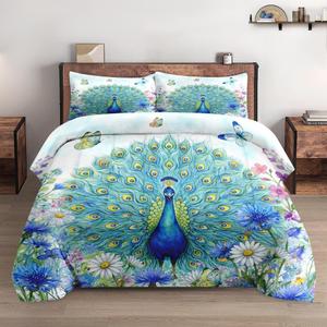 Twin Size Comforter Set with Pillowcase, Painting Feather Royal Peacock Bird Soft 2 Pcs Bedding for Kids and Adults Bedroom Bed Decor (Multi 6)