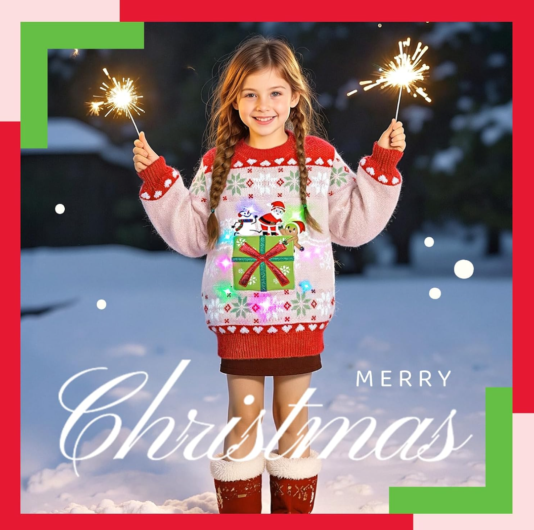 Meland Kids Ugly Christmas Sweater - Light Up Funny Holiday Pullover - Cute Xmas Sweater for Boys & Girls Age 5-16 Year Old