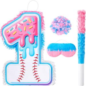 Soulchen Ice Cream Drip Baseball Piñata Party Decorations 15.7” x 11“ Number 1 Piñata with Bat Stick Blindfold and Confetti Ice Cream Drip Sport Themed Birthday Party Game Supplies