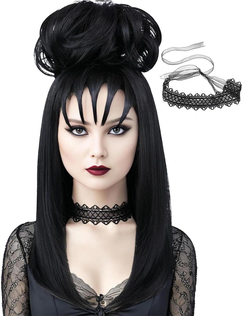Long Black Costume Wig with Fluffy Curl Buns and Choker Accessories Heat Resistant Synthetic Hair Wigs with Bangs for Gothic Witch Halloween Cosplay