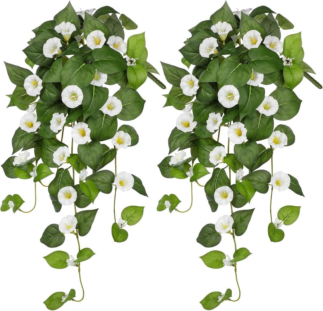 Briful Fake Hanging Flowers 2 Pack 25.6" Artificial Morning Glory Silk Floral Bush Faux Hanging Vine Plants Outdoor Fake Flowers for Home Office Outside Planter Porch Patio Yard Garden Decor(White)