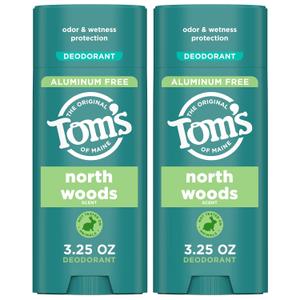 Toms of Maine North Woods Natural Deodorant for Men and Women, Aluminum Free, No Artificial Fragrances, Dyes, or Preservatives, Baking Soda Free, 48-Hour Odor Protection, 3.25 oz (2 Pack)