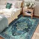 RELEANY Area Rugs 3'x5' Washable Non-Slip, Floral Vintage Distress Print Pattern Medallion Carpet for Living Room Bedroom Dining Room, Teal Green Lake Blue Turquoise