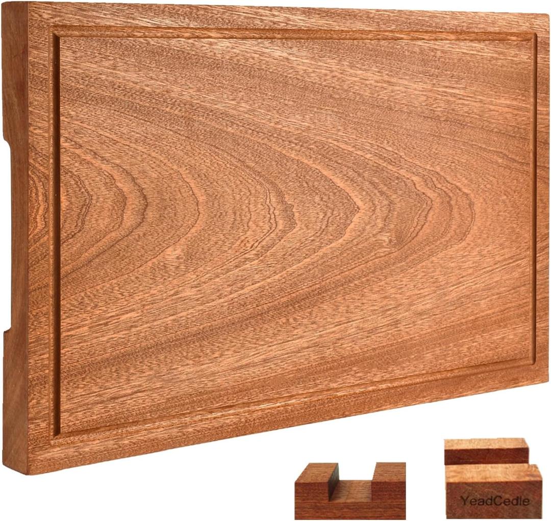 Wooden Cutting Boards For Kitchen Real Solid Sapele Wood Chopping Board One Piece Thick Hard No Glue Non Toxic With Juice Groove And Stand All Whole Single Wood Butcher Block (18 * 12 * 1.2Inch)