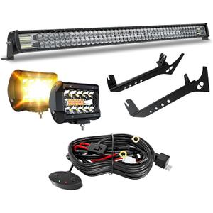 Fit 18-22 Jeep Wrangler JL/ 20-22 Gladiator JT 52" inch LED Light Bar 4 inch White/Amber Yellow LED Pods Strobe Fog Light Offroad with Upper Windshield Mounting Brackets Switch Wiring Harness