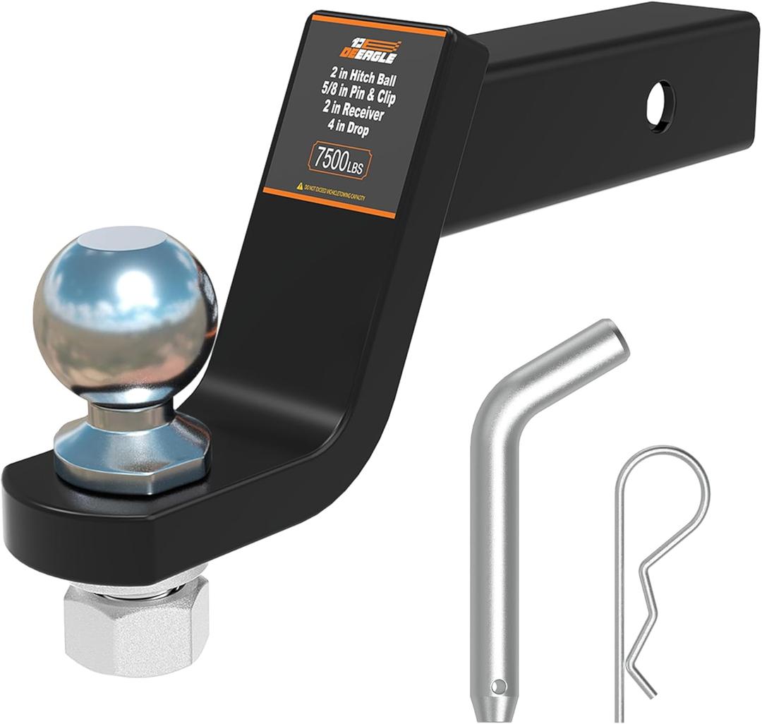 DEEAGLE 2 in Ball Hitch with Pin, Heavy Duty Steel Receiver Hitch, Fits 2 in Receiver, 7500lbs, 4 in Drop