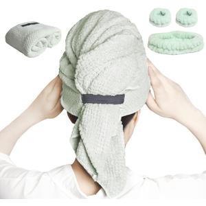 Large Microfiber Hair Towel with Spa Headband and Face Washing Wristbands Set| Super Absorbent, Anti-Frizz Hair Drying Towel for Wet, Long, Curly Hair, Light Green (42" x 24.5")