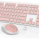 Wireless Keyboard and Mouse, WisFox Full-Size Wireless Mouse and Keyboard Combo, 2.4GHz Silent USB Wireless Keyboard Mouse Combo for PC Desktops Computer (Pink and White)