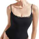 SUUKSESS Women Square Neck Lace Bodysuit Sleeveless Spaghetti Strap Tank Top (Black, S)