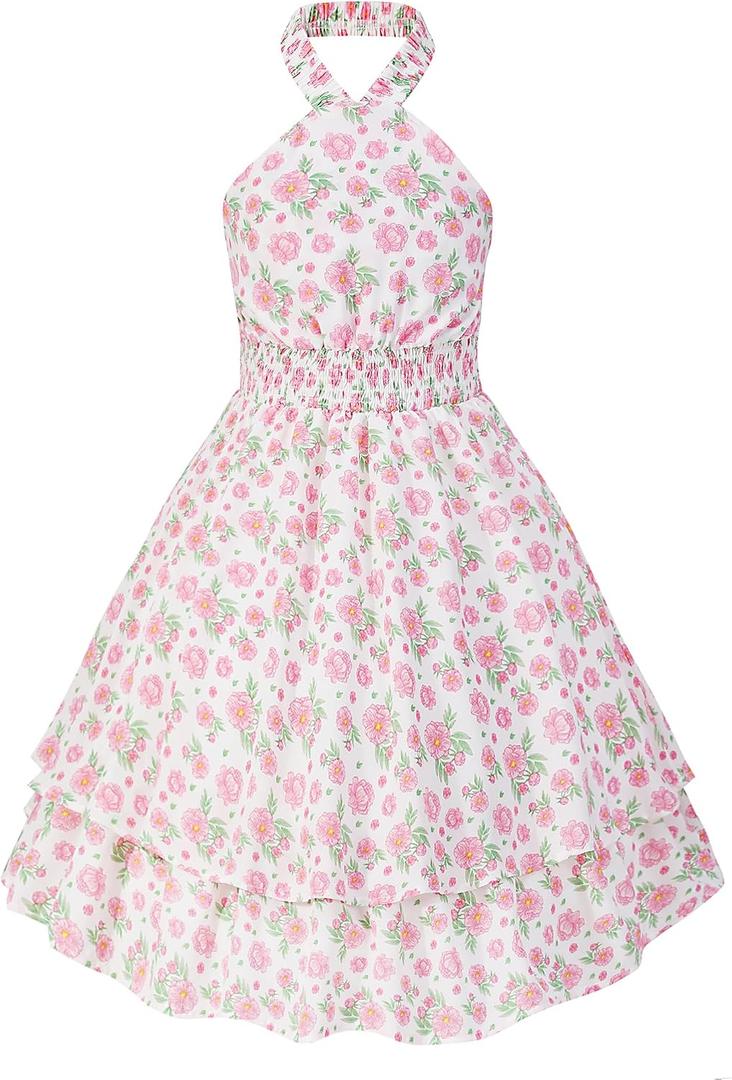 EXARUS Girls Dresses Teen Halter/Puff Sleeve/Spaghetti Strap Smocked Floral Summer Casual Dress