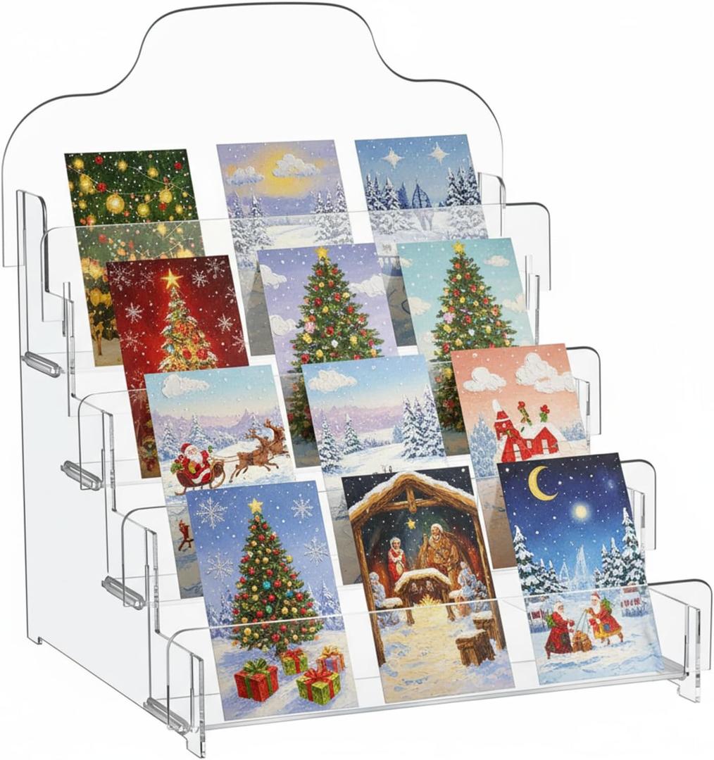 Menkxi 4 Tier Greeting Card Display Stand 12 x 10 x 14 Inch Clear Acrylic Sticker Organizer Rack for Vendors Counter Retail Stores Postcard