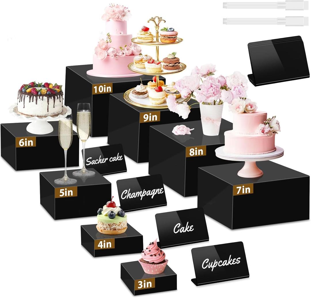 8Pcs Buffet Risers, Large Food Risers for Buffet Table, Acrylic Cube Boxes Display Nesting Risers with Hollow Bottoms, Dessert Cake Display Stand Riser Set for Party Jewelry Collectibles Black (3",4",5",6",7",8",9",10")