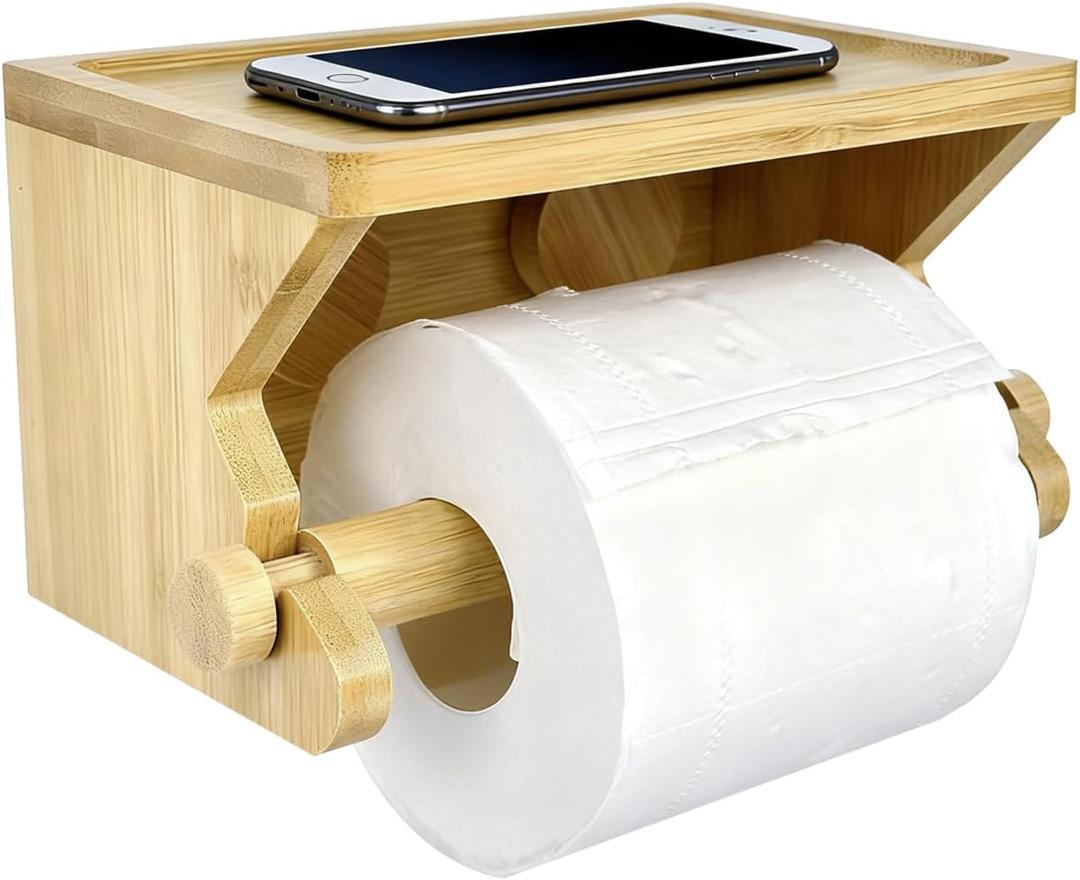 Paper Towel Holder Wall Mount with Phone Shelf by ODEDEN, Self-Adhesive Or Screw Bamboo Toilet Paper Holder for Bathroom, Kitchen RV Renter Friendly (Single)