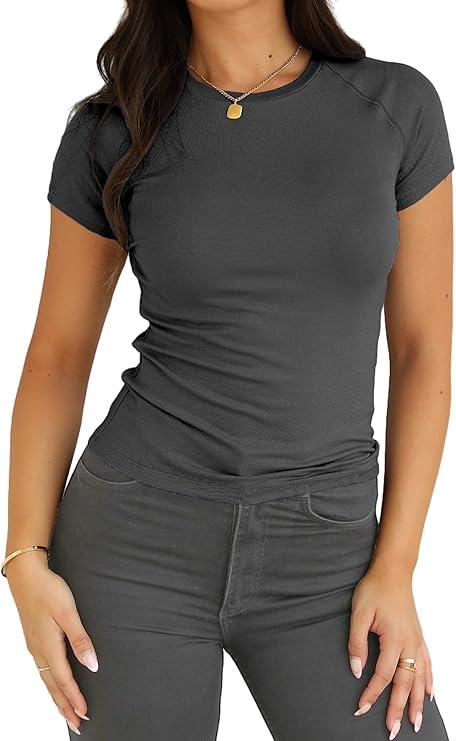 Dwnval Womens Basic Summer Short Sleeve Crewneck T Shirt Raglan Ribbed Knitted Slim Fit Casual Going Out Tops M