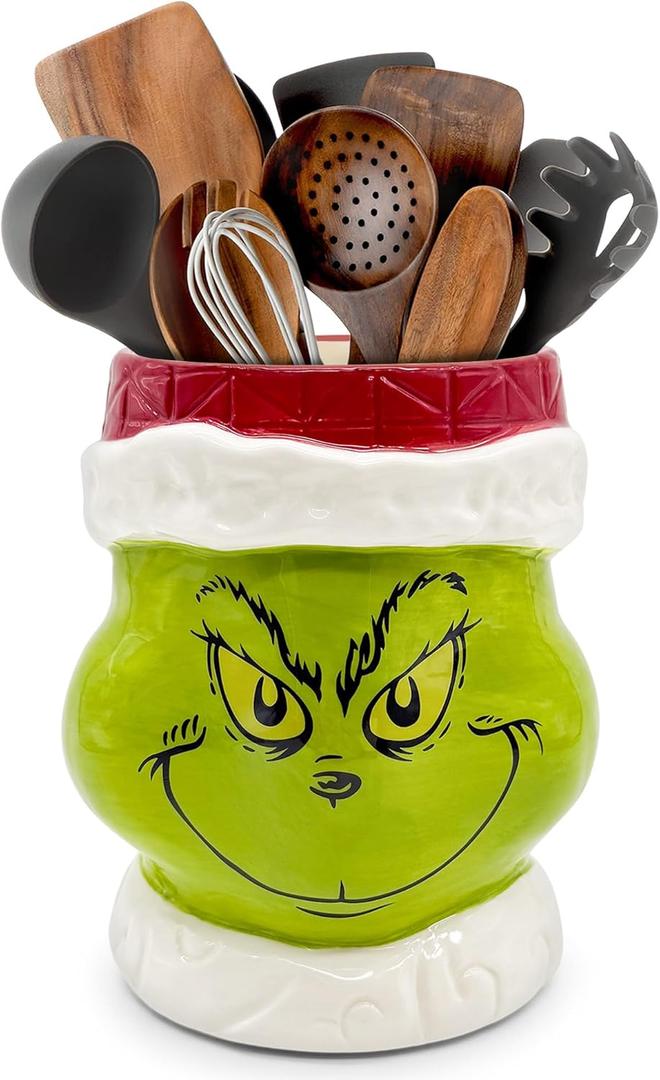 pinata Christmas Kitchen Decor Ceramic Green Utensil Holder, Cute Christmas Utensils Holder, Green Ceramic Utensils Crock for Rustic Farmhouse Indoor Kitchen Decorations(6.3 Inches)