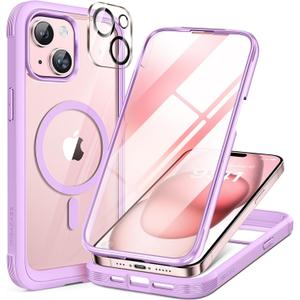 Miracase Magnetic for iPhone 15 Plus Case 6.7'' [Compatible with Magsafe] Full-Body Military Drop Proof 15 Plus Phone Case Cover with Built-in 9H Tempered Glass Screen Protector,Light Purple