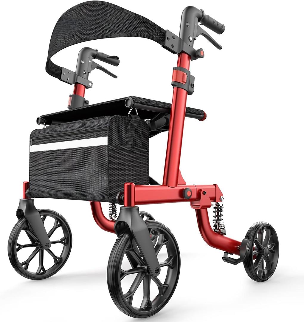 Foldable Rollator Walkers with Seat for Seniors, All Terrain Outdoor（Red