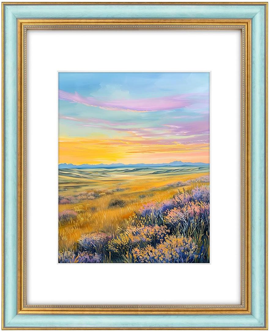 Space Art Deco,11x14 Picture Frame for 8x10 Photo with Mat or 11x14 Artwork Without Mat, Real Glass & Wall Mounting (Blue Gold)