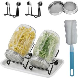 Seed Sprouting Kit, 2 Large 1000ML Wide Mouth Mason Jars with Sprout Lids, Drain Tray, Stainless Steel Stand, Cleaning Brush Sprouts Growing Kit for Sprouts, Bean, Broccoli