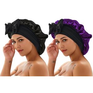 2 Pcs Large Silk Bonnet for Sleeping Women Natural Curly Hair Bonnet Sleeping Hair Wrap with Tie Band