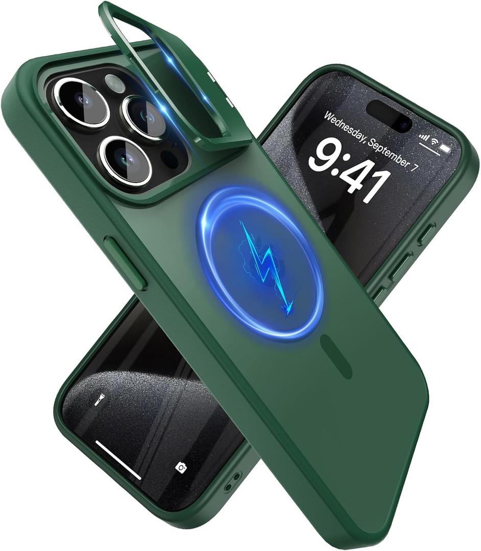 YFEMLAZ for iPhone 15 Pro Max Case(Built-in Invisible Kickstand) Heavy Duty MagneticCompatible with MagSafe Military-Grade Drop Protection,Translucent Matte for iPhone 15 Pro Max Case 6.7",Green