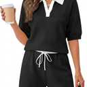 Lounge Sets for Women Two Piece Sets Summer Short Sleeve Shirts and Drawstring Shorts Outfits Vacation Clothing S 